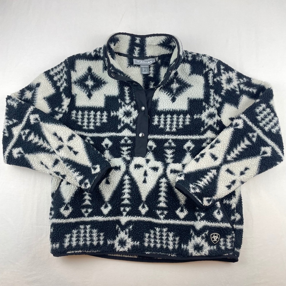 Ariat Women Black White Southwestern Sherpa Fleece Snap Pullover Jacket Large